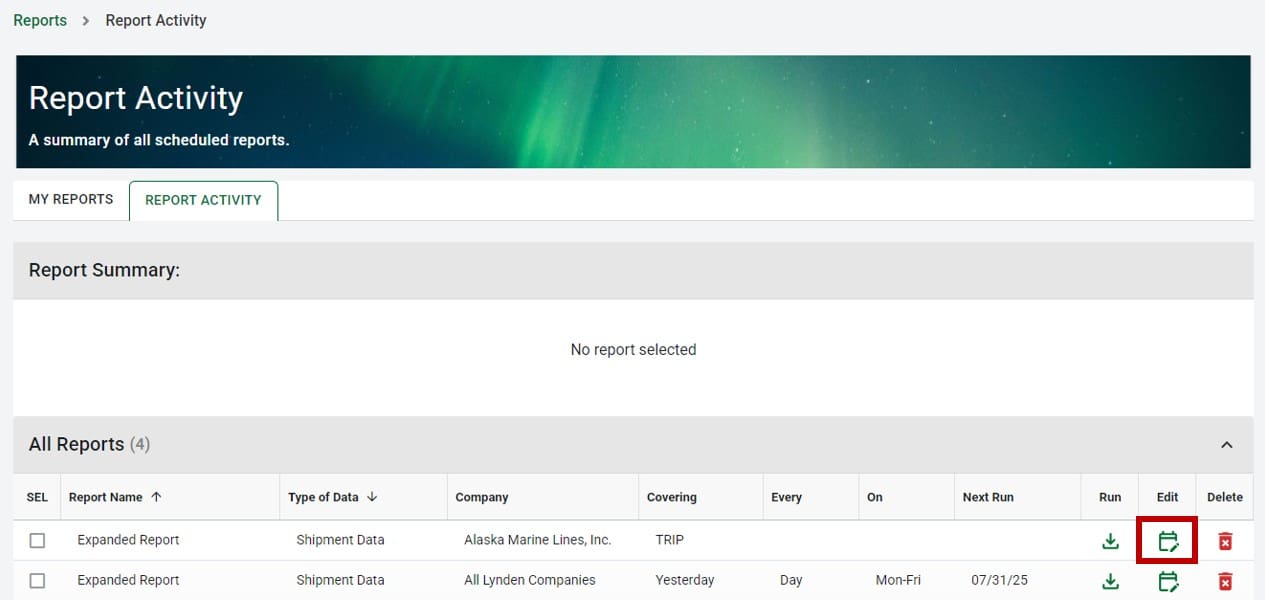 Editing a scheduled report in EZ Commerce