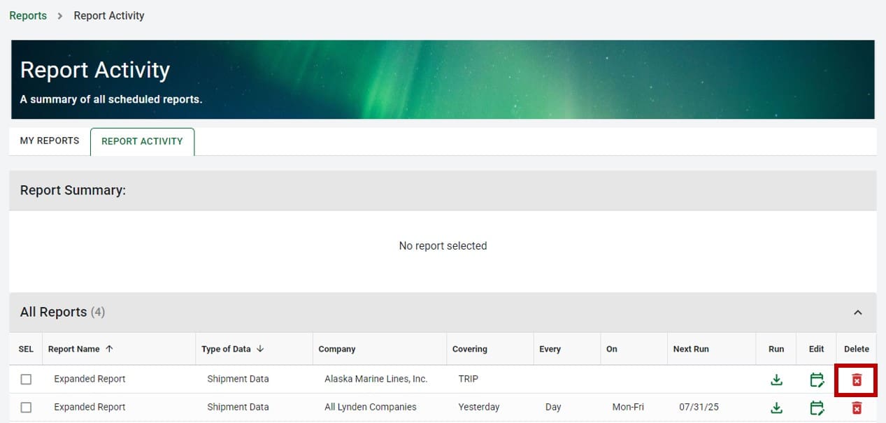 Deleting a report in EZ Commerce