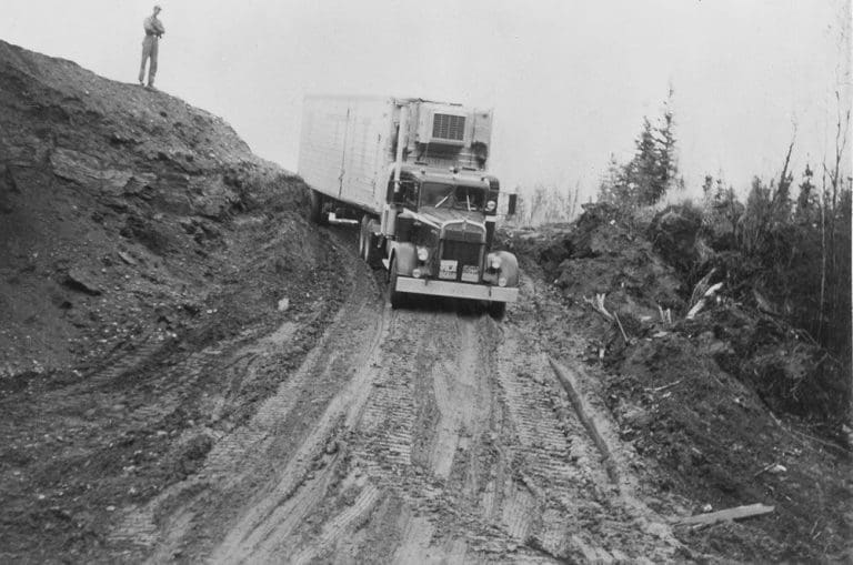 Old photo of Lynden truck navigating Alcan Highway