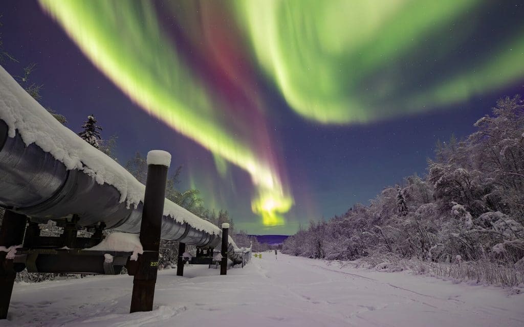 Northern lights over snowy alyeska pipeline