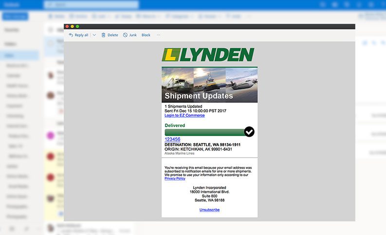 Lynden's Shipment Updates email alert