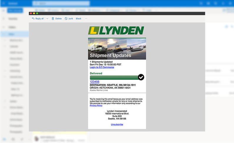 Lynden's Shipment Updates email alert