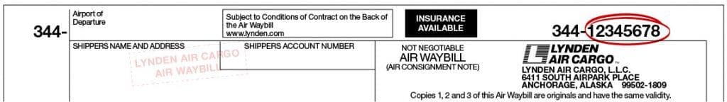 Example of Lynden Air Cargo air waybill with tracking number