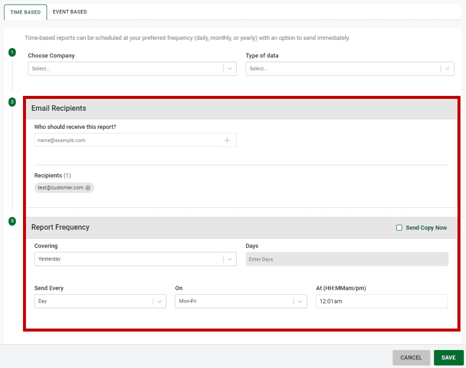 Choosing when and how frequently the report will be sent