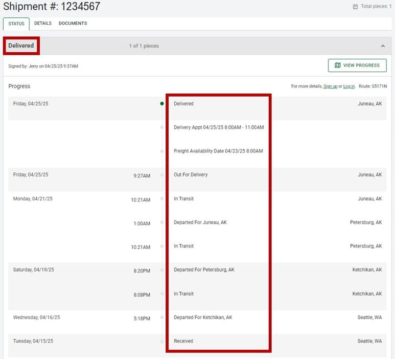 shipment progress example