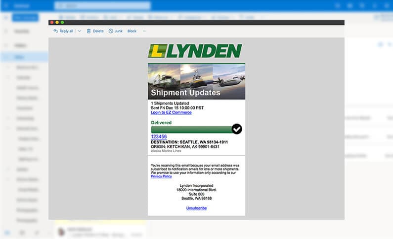 Lynden's Shipment Updates email alert