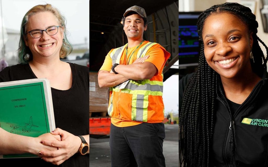 Employees working with Lynden Air Cargo and Hercules aircraft