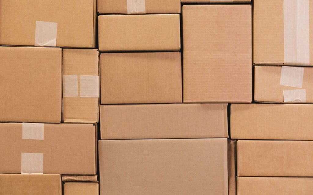 Pallet of boxes for shipping household goods.